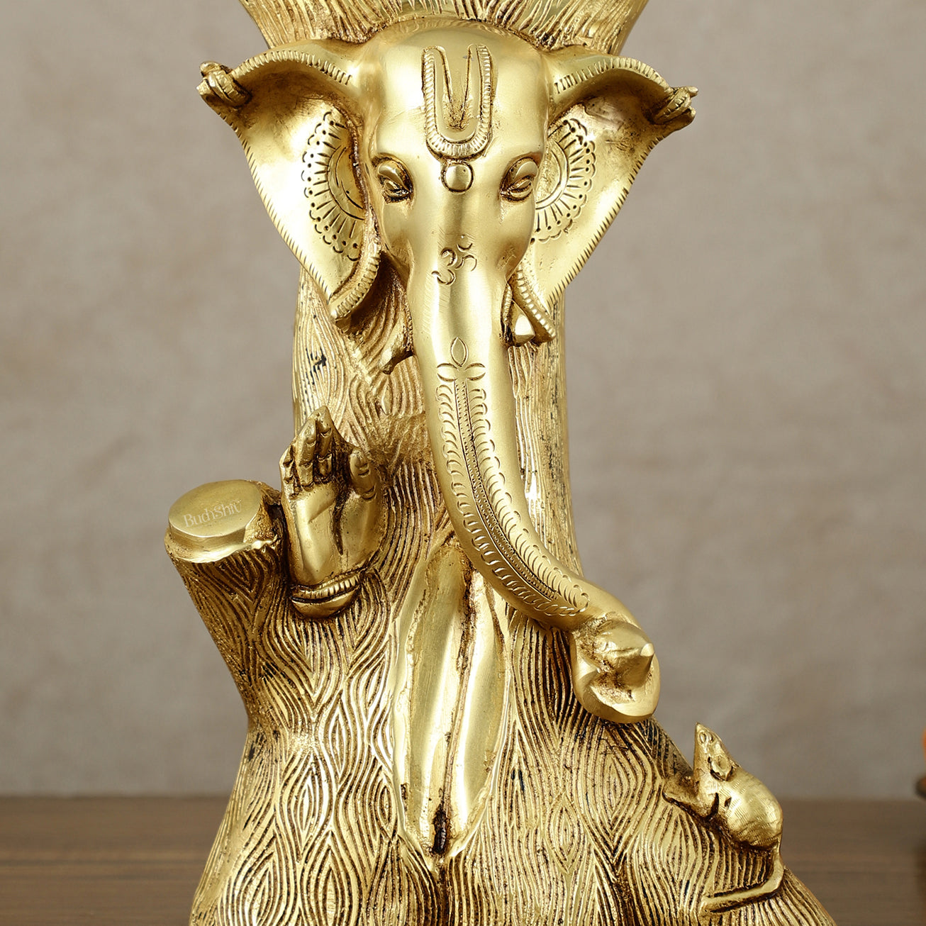 Unique Brass Ganesha Statue Carved in Tree – 12" Height