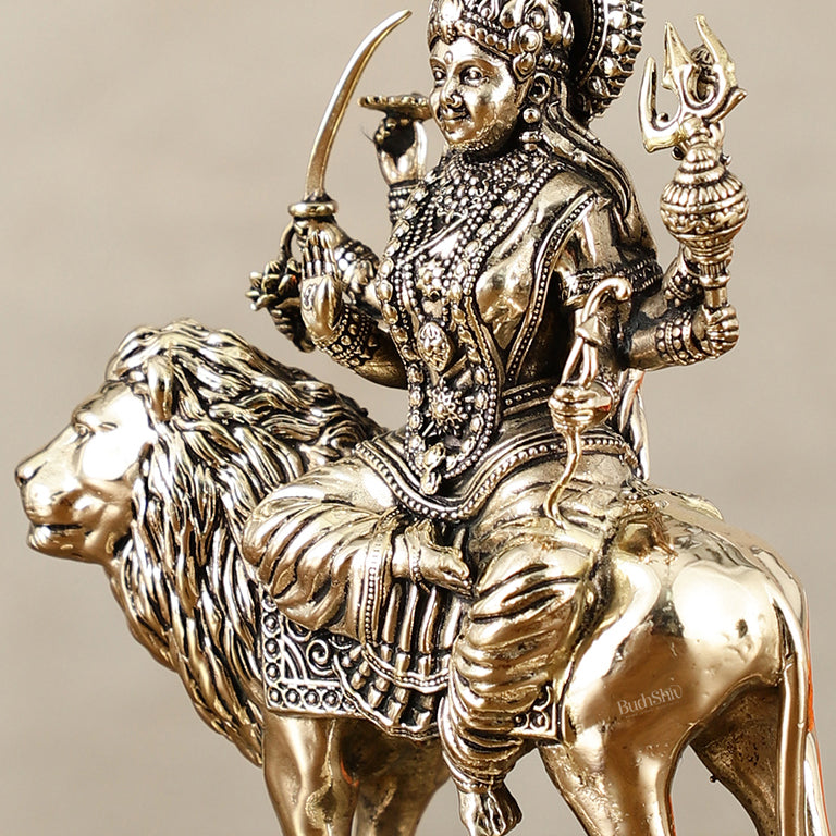 Brass Superfine Goddess Durga on Lion Idol with Base - 5.5 Inch