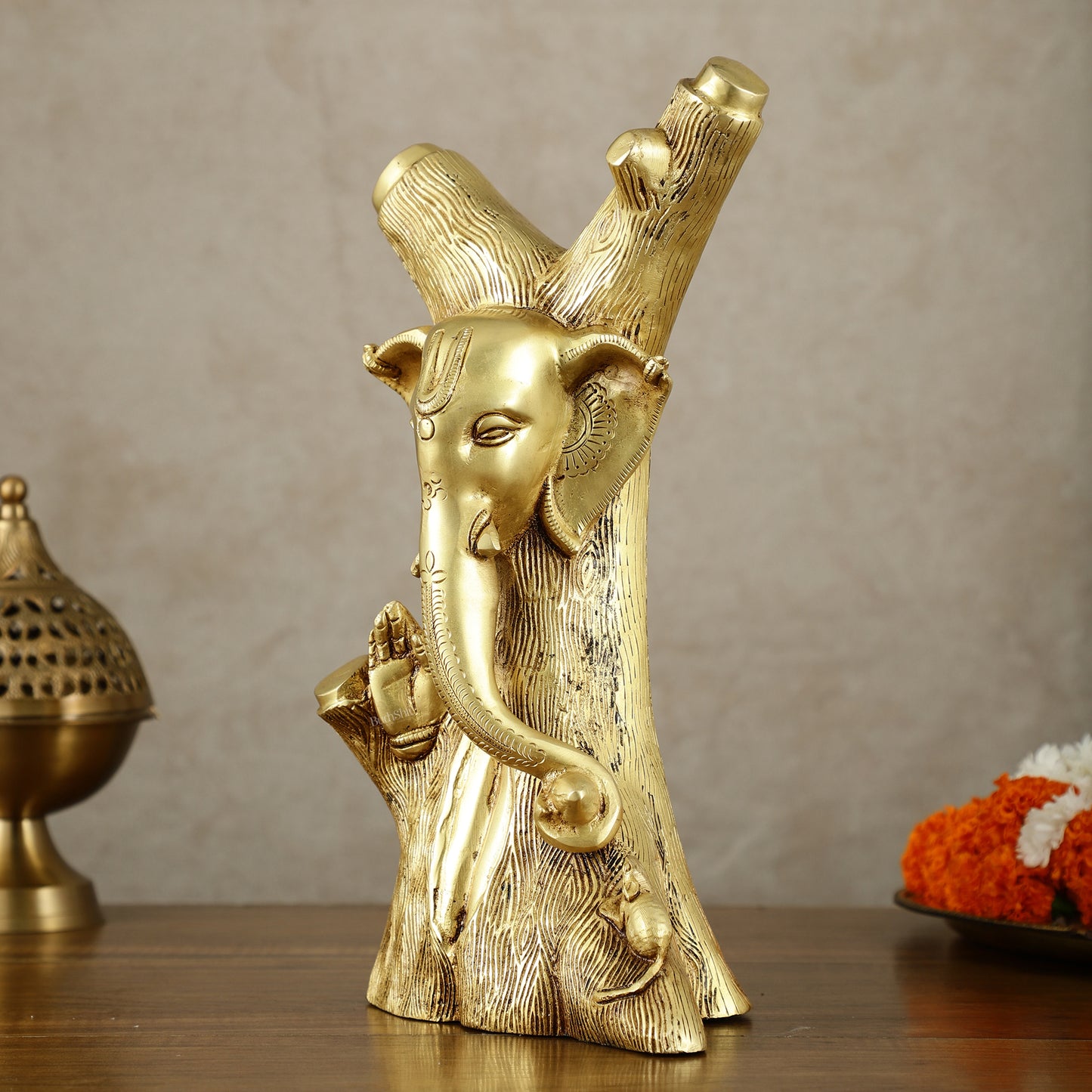 Unique Brass Ganesha Statue Carved in Tree – 12" Height