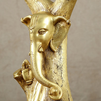 Unique Brass Ganesha Statue Carved in Tree – 12" Height