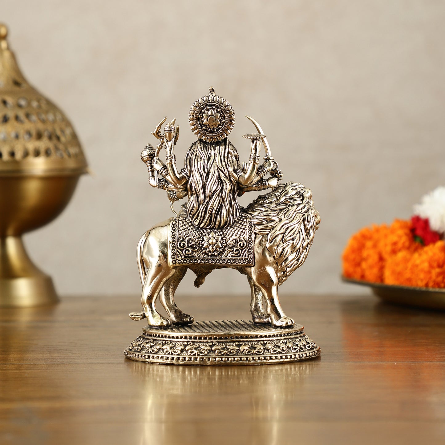 Brass Superfine Goddess Durga on Lion Idol with Base - 5.5 Inch