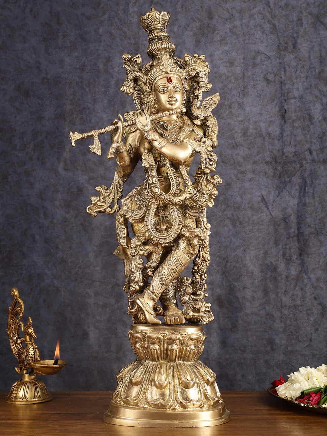 Divine Brass Krishna Playing Flute Statue - 24 Inches