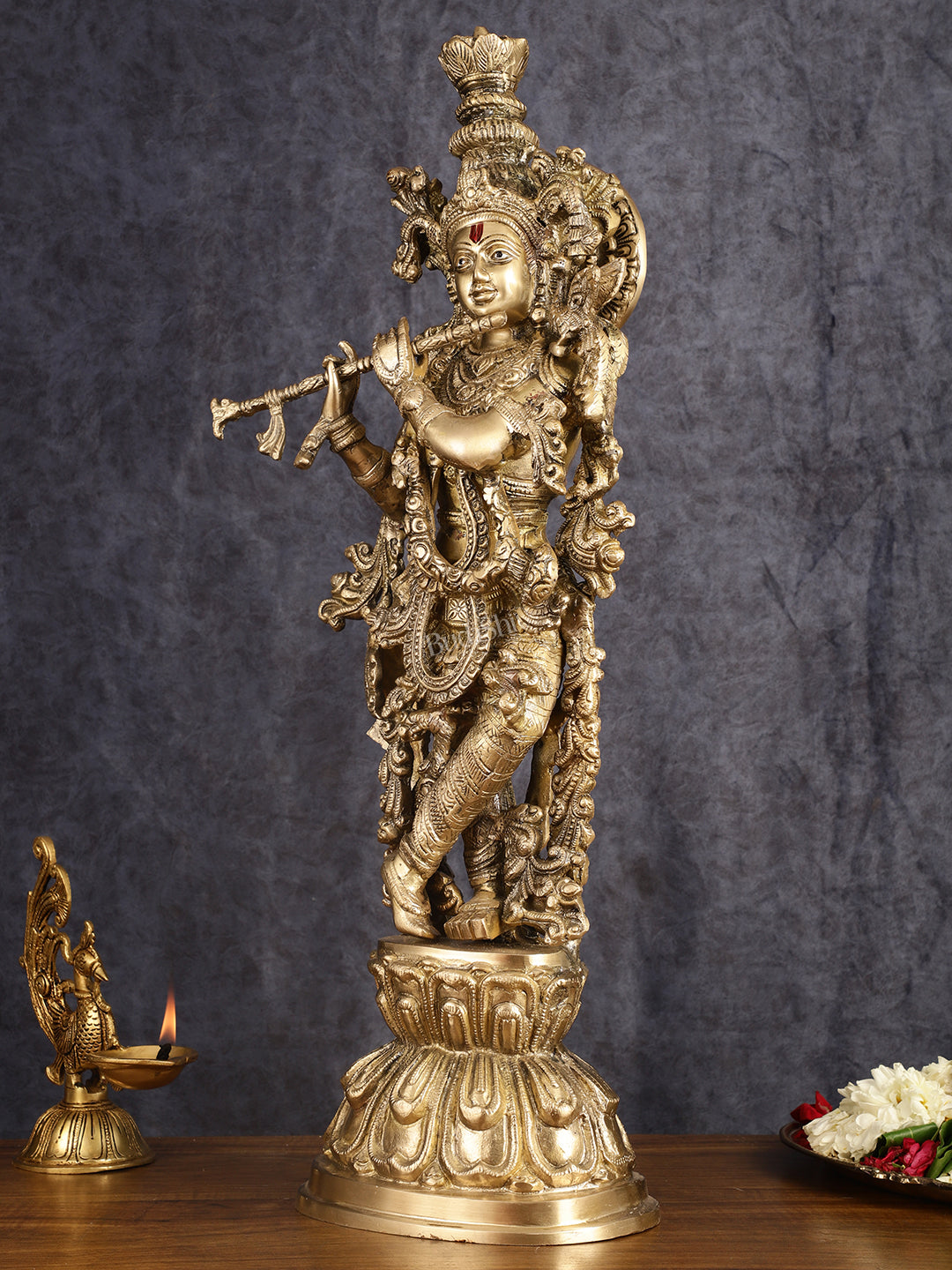 Divine Brass Krishna Playing Flute Statue - 24 Inches