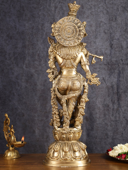 Divine Brass Krishna Playing Flute Statue - 24 Inches