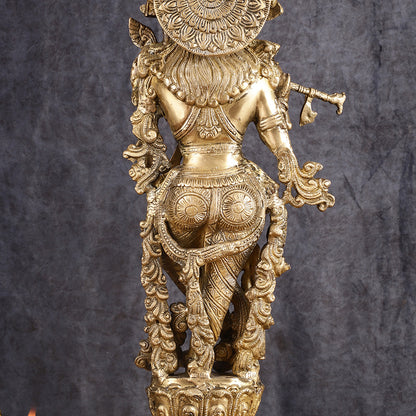 Divine Brass Krishna Playing Flute Statue - 24 Inches