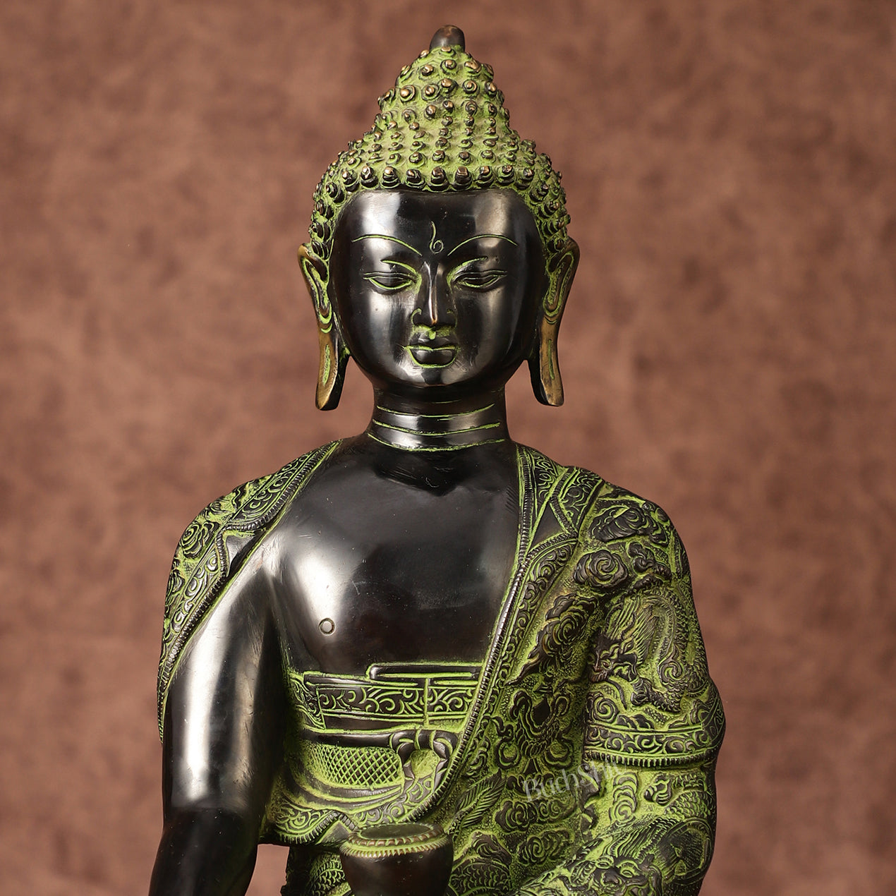 Pure Brass Buddha in Bhoomisparsha Nirvana Mudra with Dragon Carvings | 14 inch