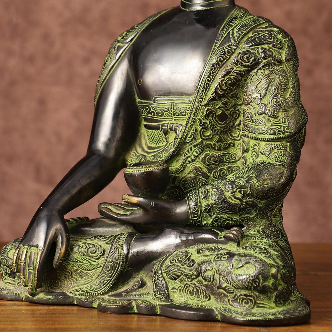 Pure Brass Buddha in Bhoomisparsha Nirvana Mudra with Dragon Carvings | 14 inch