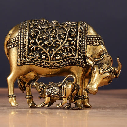 Brass Superfine Miniature Kamdhenu Cow with Calf - 2.5"