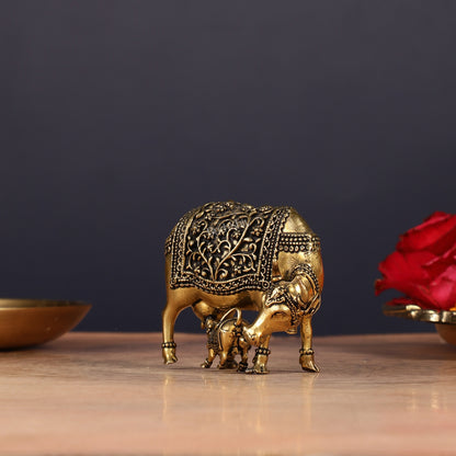 Brass Superfine Miniature Kamdhenu Cow with Calf - 2.5"