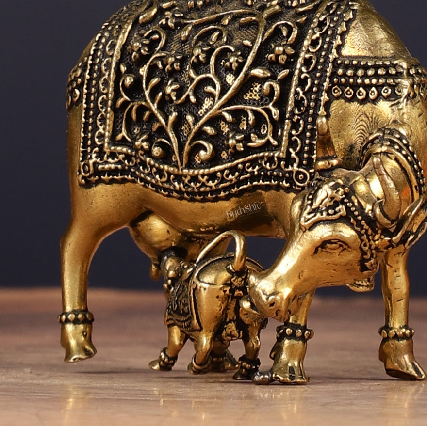 Brass Superfine Miniature Kamdhenu Cow with Calf - 2.5"