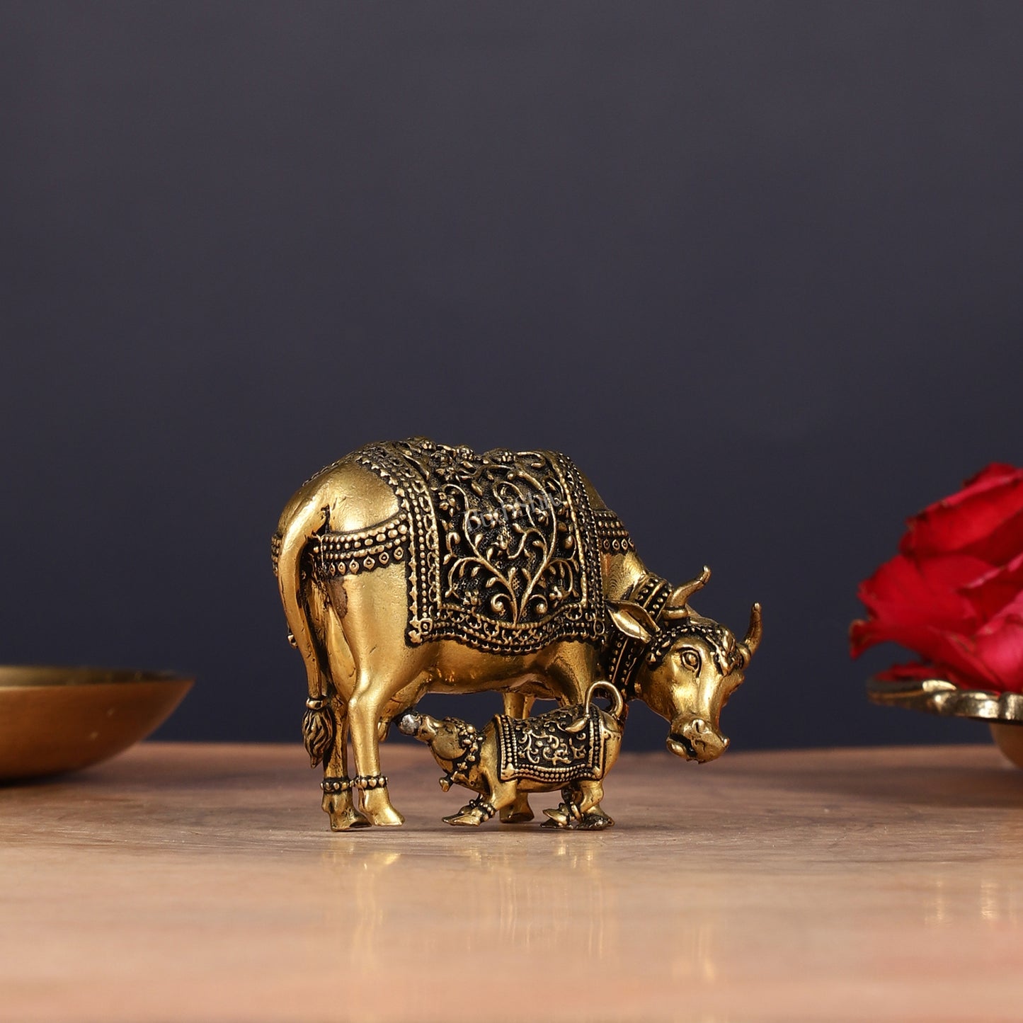 Brass Superfine Miniature Kamdhenu Cow with Calf - 2.5"