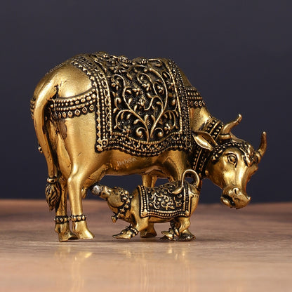 Brass Superfine Miniature Kamdhenu Cow with Calf - 2.5"