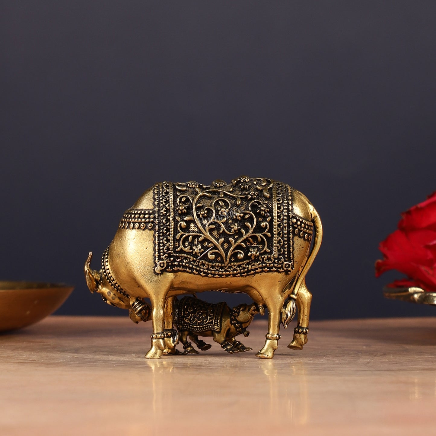 Brass Superfine Miniature Kamdhenu Cow with Calf - 2.5"