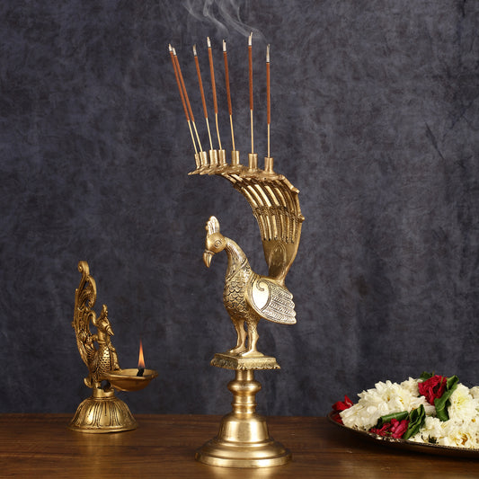 Pure Brass Peacock Agarbatti Incense Holder - 12 Inch