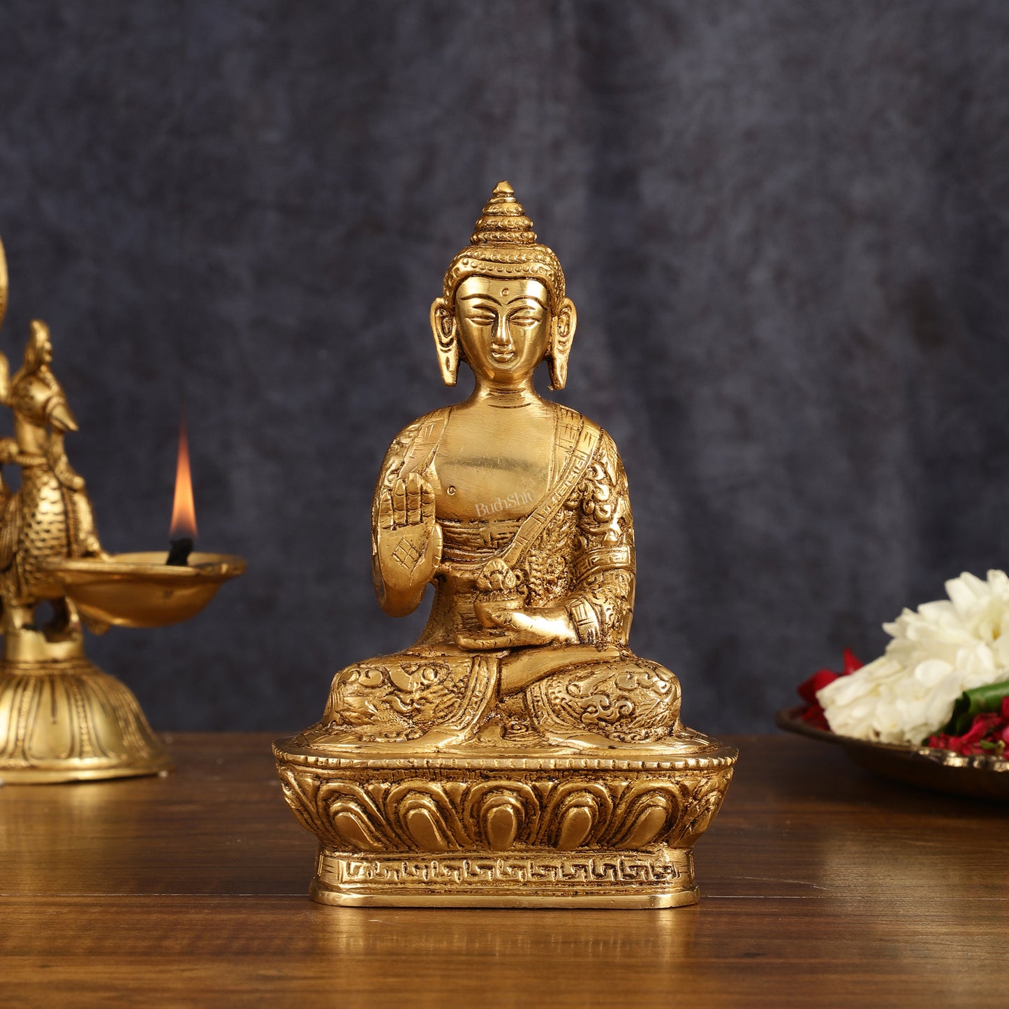 Finely Crafted Brass Blessing Buddha Statue - 7 Inch