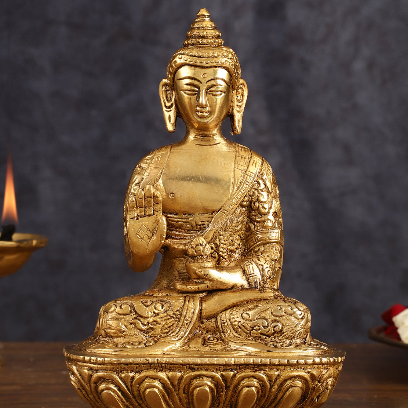 Finely Crafted Brass Blessing Buddha Statue - 7 Inch