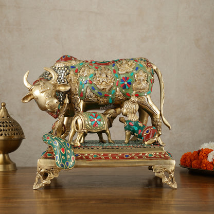 Kamadhenu Cow and Calf Brass Idol 14 inch with stonework