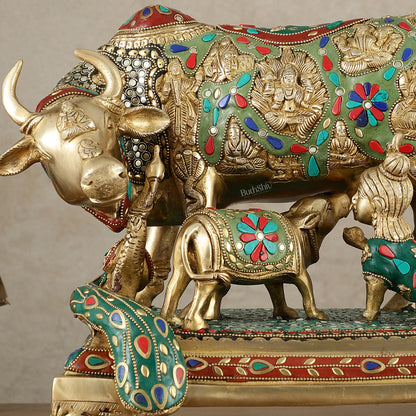 Kamadhenu Cow and Calf Brass Idol 14 inch with stonework