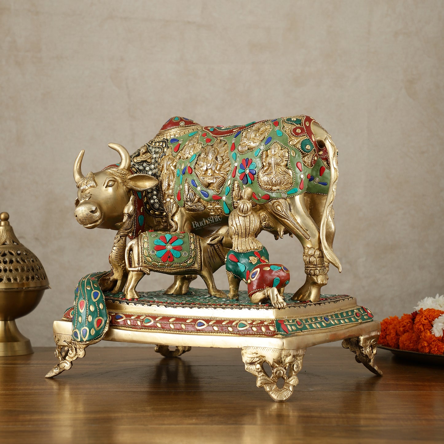 Kamadhenu Cow and Calf Brass Idol 14 inch with stonework