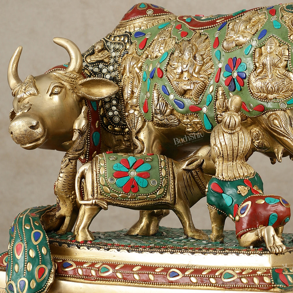 Kamadhenu Cow and Calf Brass Idol 14 inch with stonework