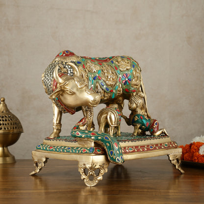 Kamadhenu Cow and Calf Brass Idol 14 inch with stonework