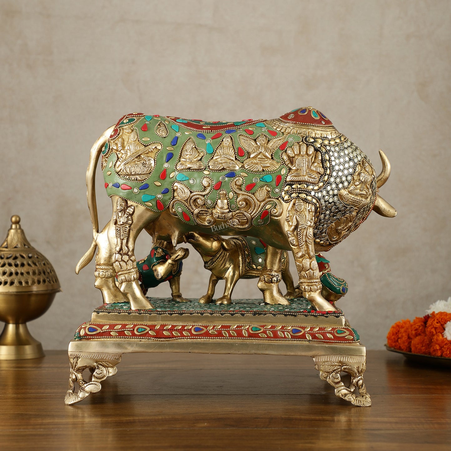 Kamadhenu Cow and Calf Brass Idol 14 inch with stonework