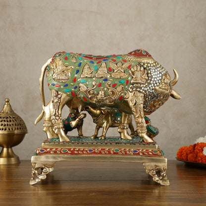 Kamadhenu Cow and Calf Brass Idol 14 inch with stonework