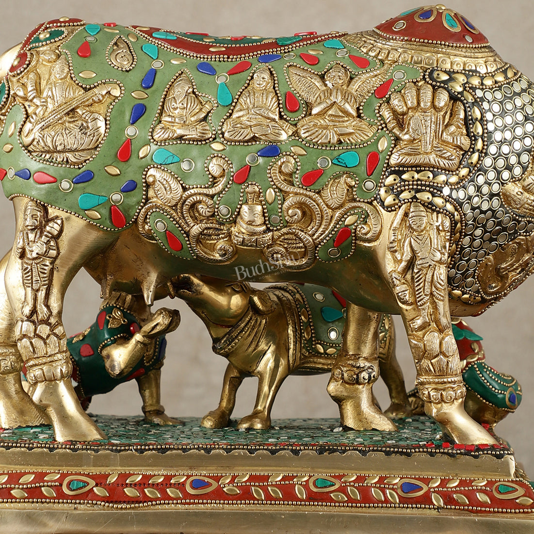 Kamadhenu Cow and Calf Brass Idol 14 inch with stonework