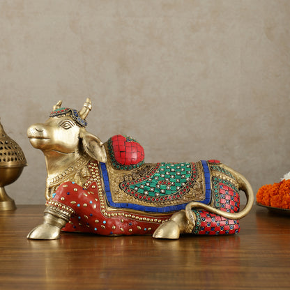 Brass Nandi Statue with Stonework - 15 inch