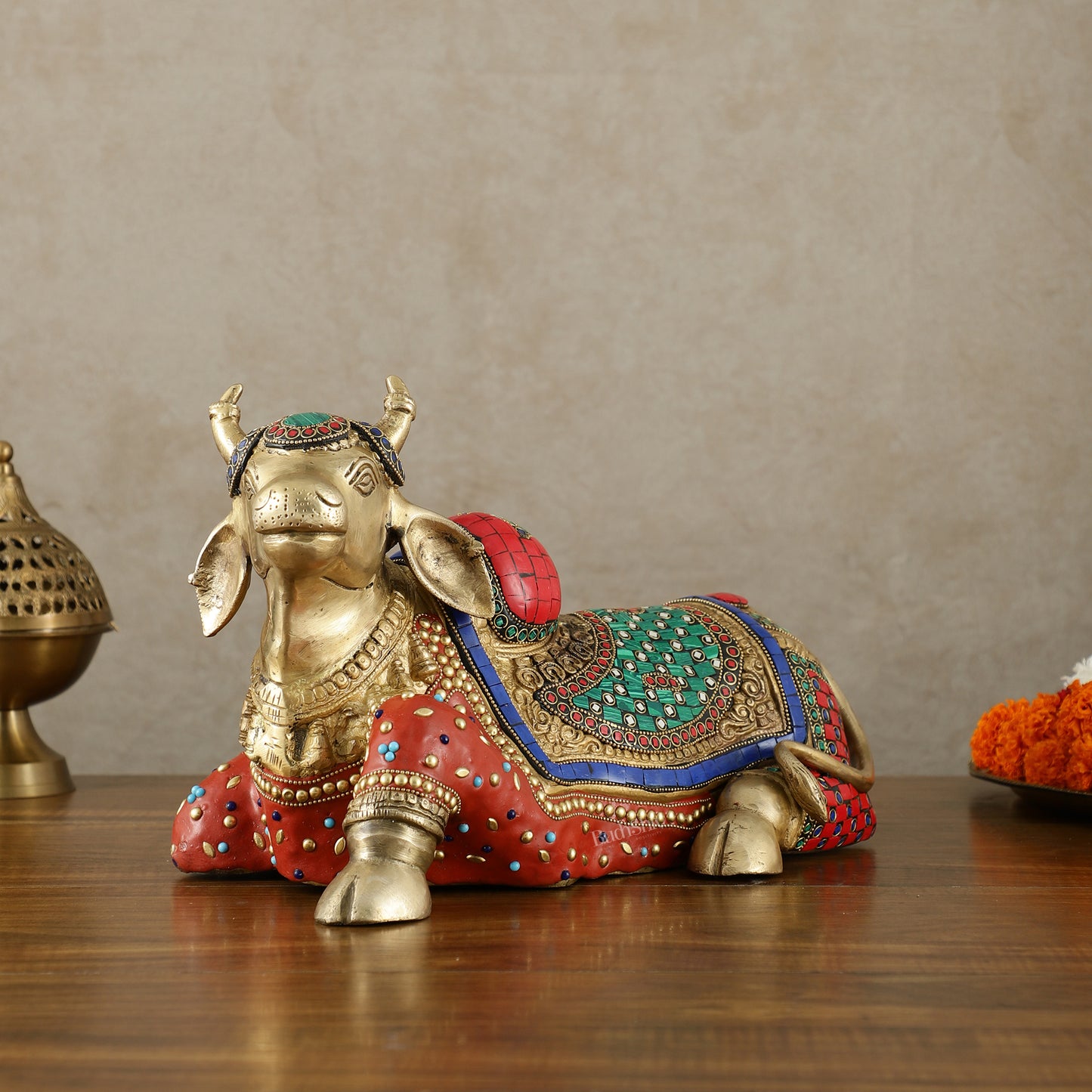 Brass Nandi Statue with Stonework - 15 inch