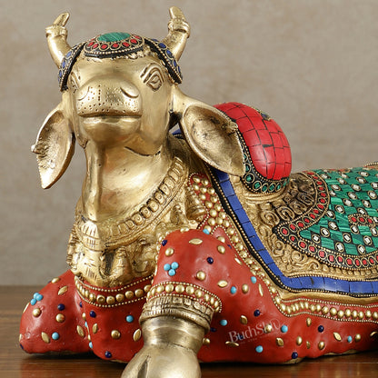 Brass Nandi Statue with Stonework - 15 inch