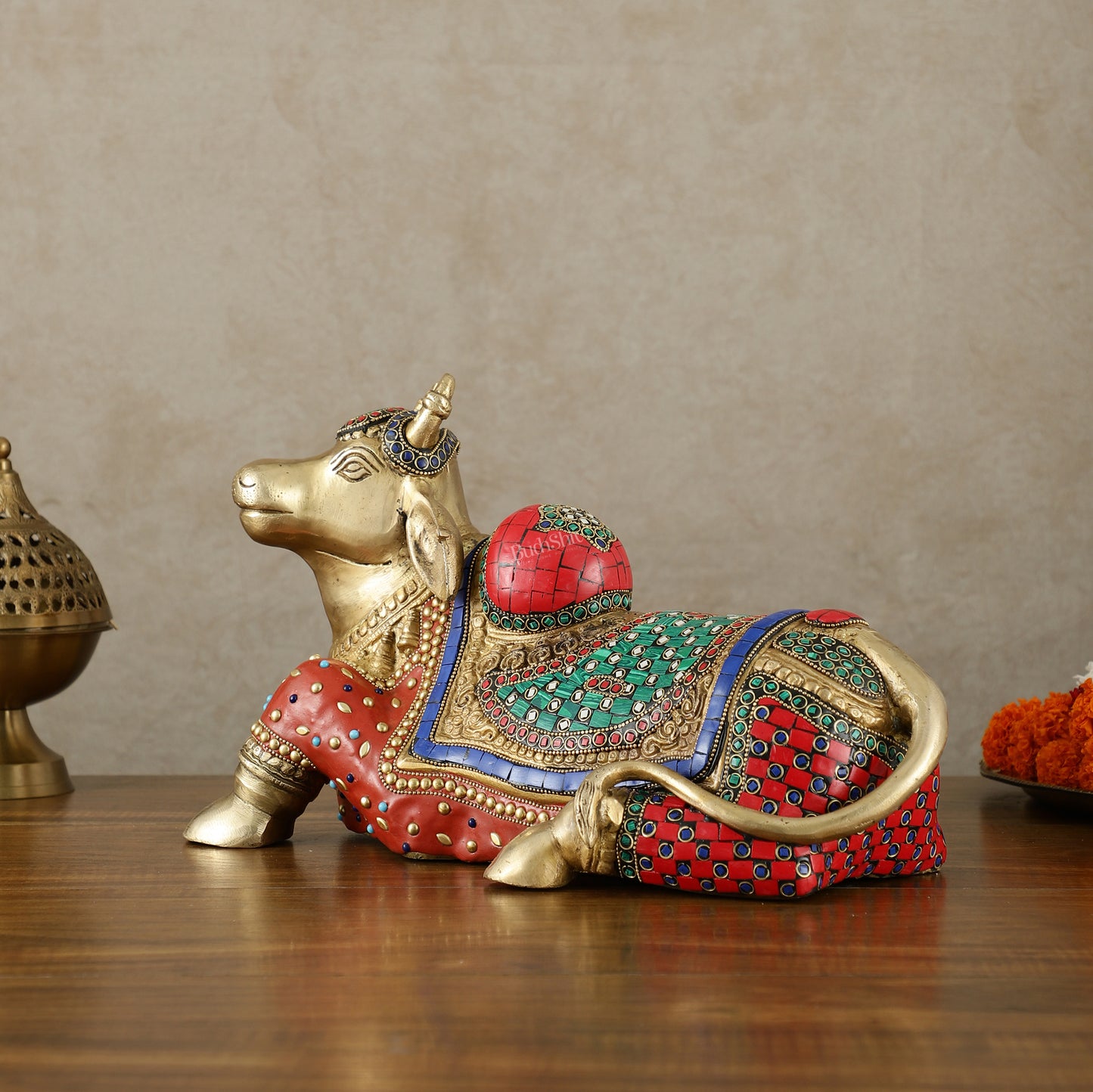 Brass Nandi Statue with Stonework - 15 inch