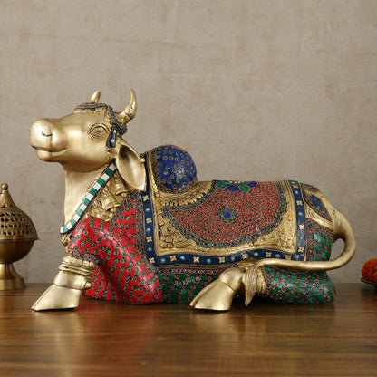 Exquisite Brass Nandi Statue with Intricate Stonework 21"