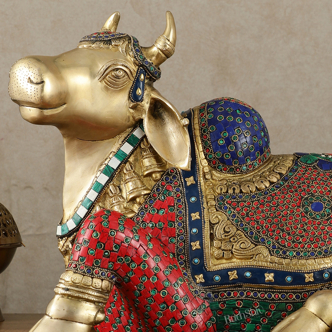 Exquisite Brass Nandi Statue with Intricate Stonework 21"