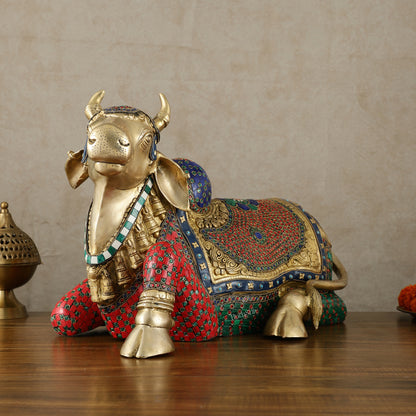 Exquisite Brass Nandi Statue with Intricate Stonework 21"