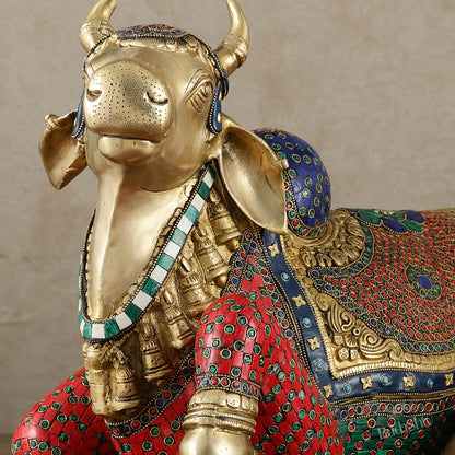 Exquisite Brass Nandi Statue with Intricate Stonework 21"