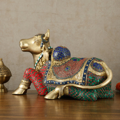 Exquisite Brass Nandi Statue with Intricate Stonework 21"