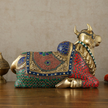 Exquisite Brass Nandi Statue with Intricate Stonework 21"