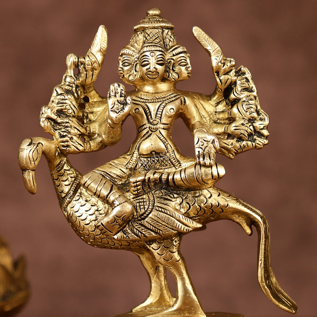 Pure Brass Shanmugar Murugan with 6 Heads Sitting on Peacock Small Idol