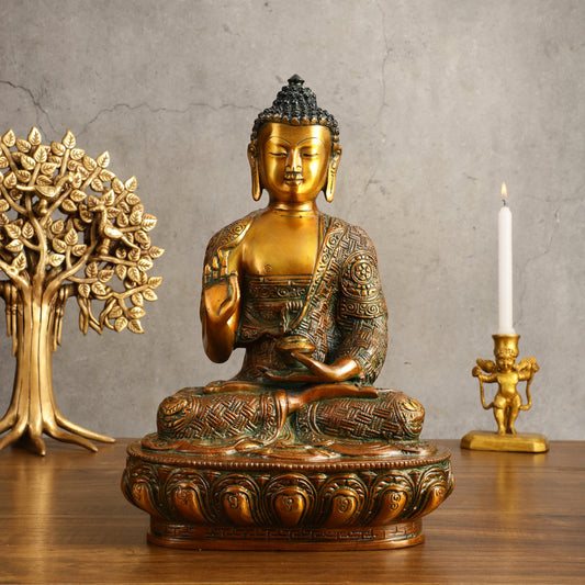 Pure Brass Buddha Statue - Antique Finish, 12" Height