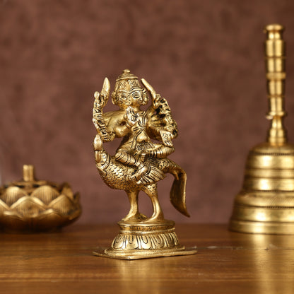 Pure Brass Shanmugar Murugan with 6 Heads Sitting on Peacock Small Idol