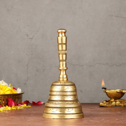 Superfine Brass Hand Bell for Pooja | Height 7 inch