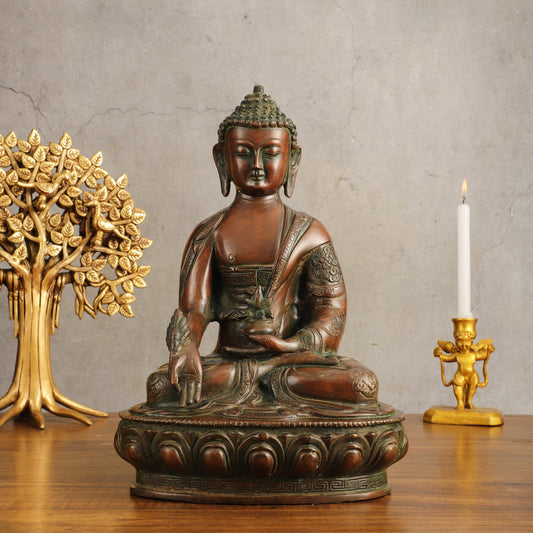 Pure Brass Medicine Buddha Antique Tone Sculpture - 12" Height