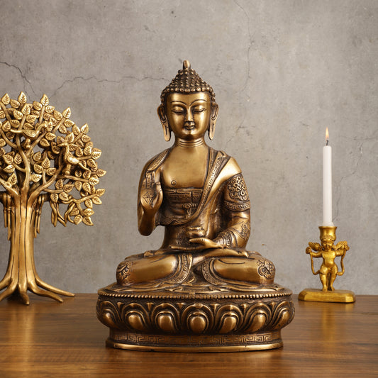 Pure Brass Blessing Buddha Statue - Unique Design, 12.5" Height