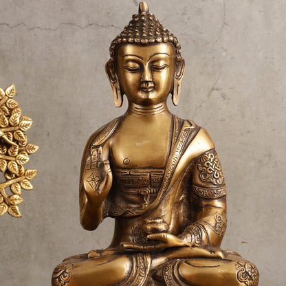 Pure Brass Blessing Buddha Statue - Unique Design, 12.5" Height