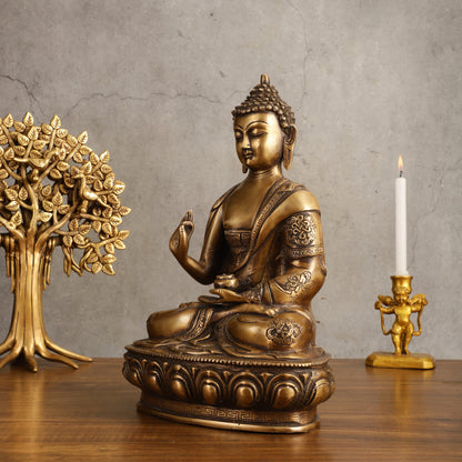 Pure Brass Blessing Buddha Statue - Unique Design, 12.5" Height