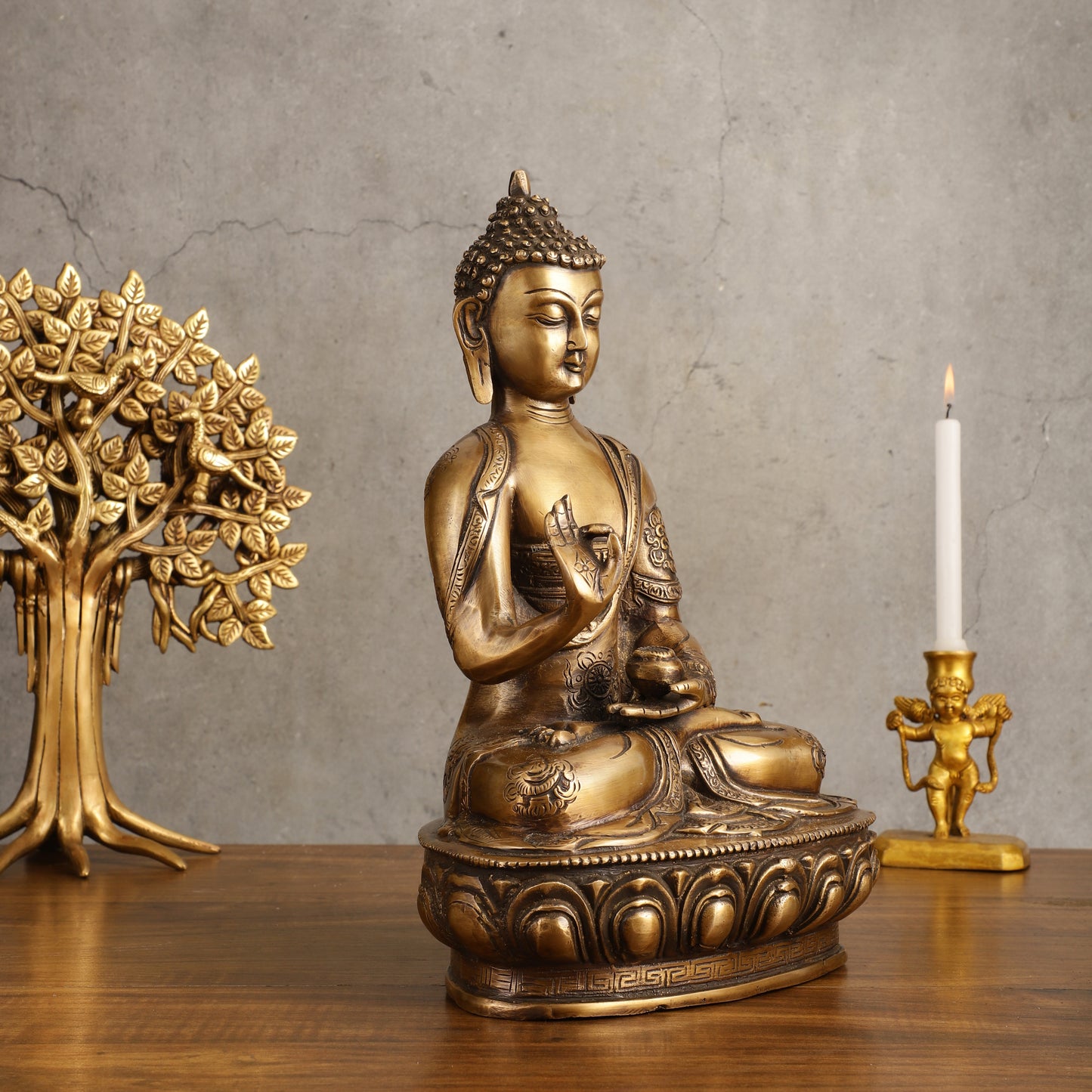 Pure Brass Blessing Buddha Statue - Unique Design, 12.5" Height