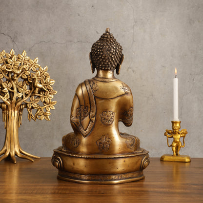 Pure Brass Blessing Buddha Statue - Unique Design, 12.5" Height