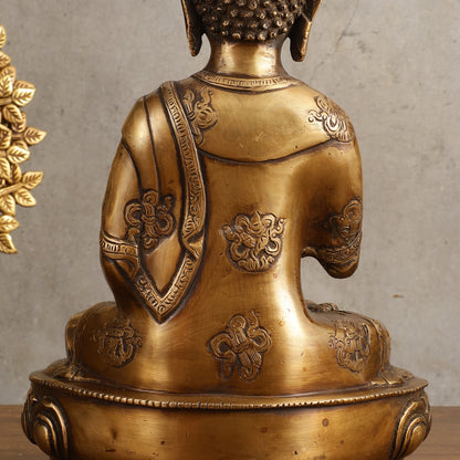 Pure Brass Blessing Buddha Statue - Unique Design, 12.5" Height