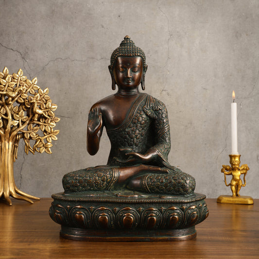 Pure Brass Antique Buddha Blessing Statue - 13.5" Height